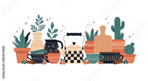 Horizontal composition displays a cozy collection of patterned teapots, cups, potted cacti, and kitchen utensils with stars and berries.