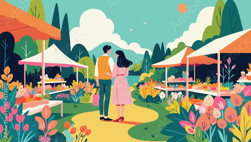 Vector Illustration of Cheerful Farmers Market Scene with Couple Buying Flowers