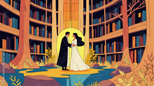 Ancient Library with Glowing Scrolls, Scholar and Muse Sharing a Secret, Vector Illustration