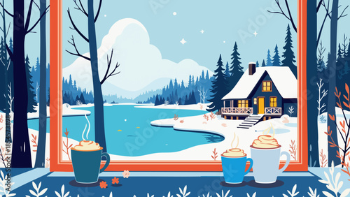 Cozy Winter Cabin Landscape by Frozen Lake in Icy Blue Vector Style