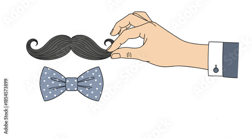 Human hand holds a classic black mustache prop above a blue polka dot bow tie over a clean white background for a playful theme.