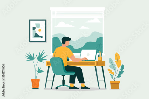 Woman working at desk Vector