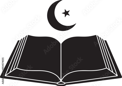 Islamic holy book open with crescent moon and star symbol