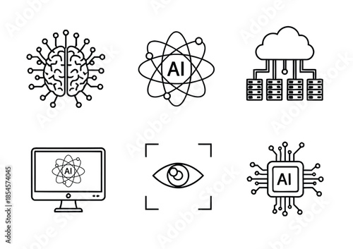 Artificial Intelligence Icons Set Featuring Brain Network, Cloud Data, Computer Monitor, Eye Scan, and Microchip