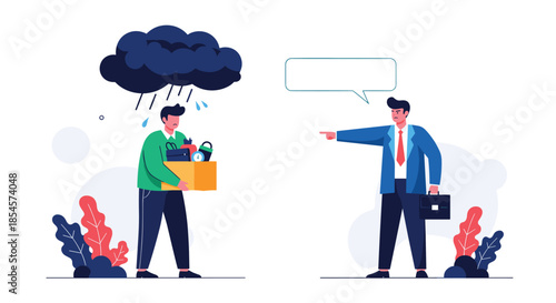 Distressed employee holding a box is fired by a stern manager under a dark rain cloud signifying professional misfortune.