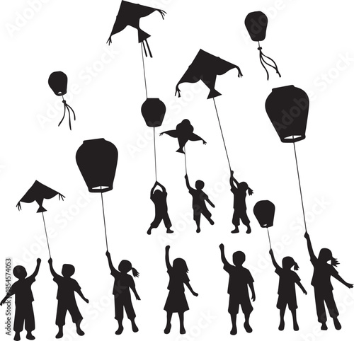 Children silhouettes flying kites and lanterns against a white background