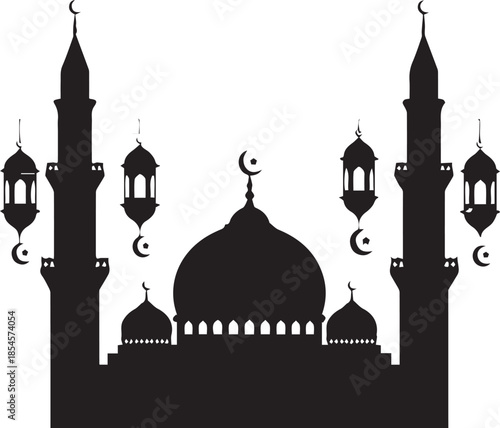 Black silhouette of a mosque with minarets and lanterns