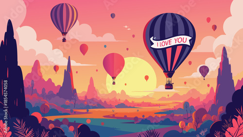 Vibrant Sunrise Hot Air Balloon Launch with "I Love You" Banner, Vector Illustration