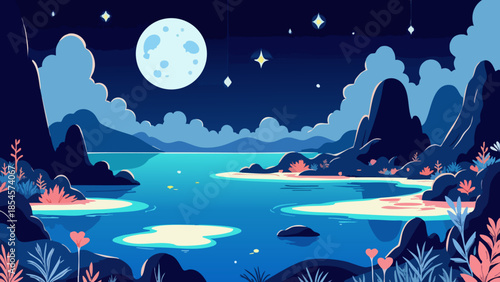 Moonlit Ocean Landscape with Bioluminescent Plankton, Vector Illustration