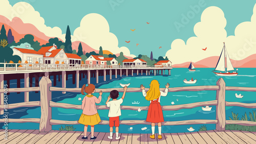 Vector Illustration of Joyful Crabbing Scene on a Rustic Wooden Pier