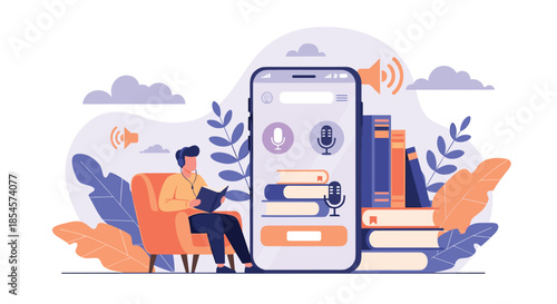 Man relaxes in an orange armchair listening to audiobooks from a giant smartphone surrounded by books and floating sound icons.