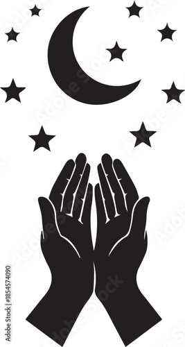 Silhouette of open hands reaching towards a crescent moon and stars
