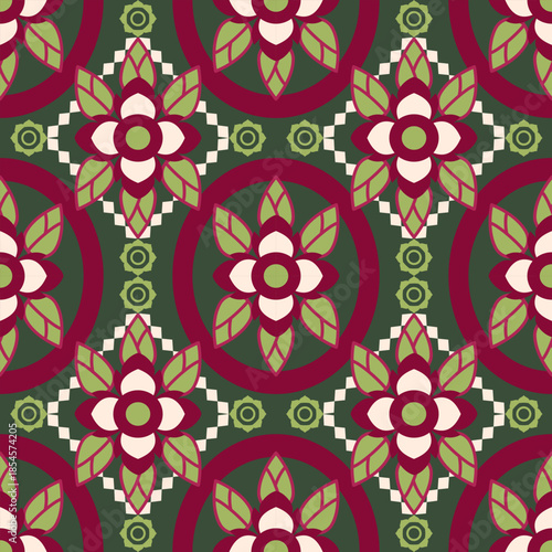 Damask seamless illustrated pattern made of abstract elements in beige, green, and red. Oriental vintage flower wallpaper. Can be used for textiles, tiles, rugs, carpets, and home decor.