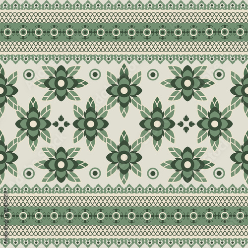 Green damask seamless vector floral pattern. Oriental vintage ethnic pattern wallpaper. Can be used for elaborate borders, textiles, tiles, rugs, sarees, and printing on paper.