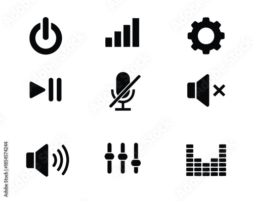 Set Of Media Control Icons Including Power, Settings, Speaker, Microphone, And Playback Controls For UI Design