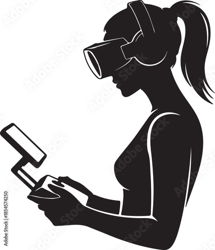 A crisp black silhouette of a female drone pilot from a sharp side profile. Wearing a bulky FPV headset and holding a controller with a mounted tablet. Vector illustration