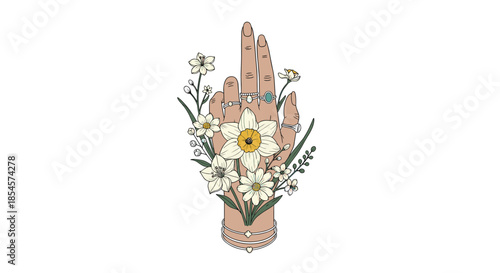 Elegant human hand wearing multiple rings and bracelets is surrounded by delicate white flowers and green botanical leaves.