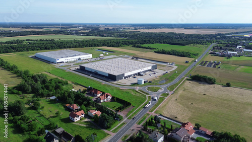фотографія Aerial drone view of rural industrial warehouses