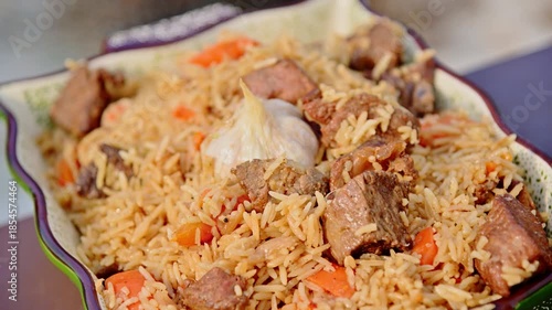 Freshly cooked hot pilaf in a ceramic bowl outdoors in winter. A delicious Kazakh ethnic dish. Close-up.