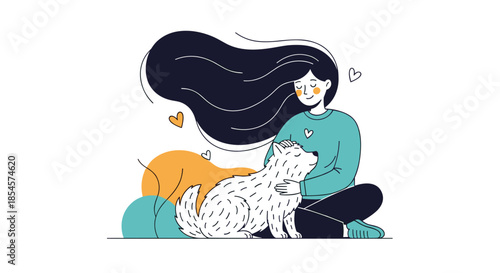 Loving woman sits on the floor and cuddles her white fluffy dog while floating heart icons express their deep emotional bond.