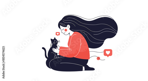 Sweet woman sits on the floor and gently hugs her black cat while heart icons float around them to show their mutual affection.
