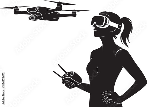 A silhouette of a female drone pilot with the FPV headset, revealing her face in profile, holding the controller in one hand. Vector illustration