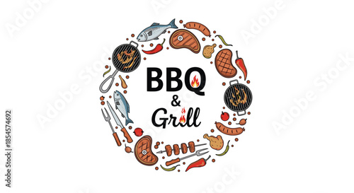 Hand drawn barbecue and grill logo surrounded by circular frame of grilled meat, fish, sausages, vegetables, and kitchen tools.