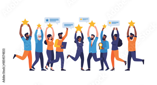 Diverse group of happy people raising gold stars and speech bubbles with ratings to show high customer satisfaction and positive feedback.