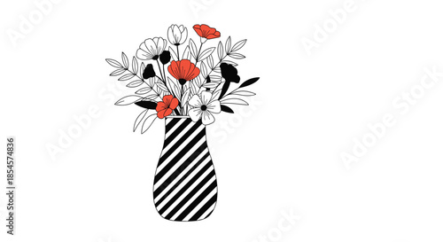 Artistic illustration of a flower bouquet with red and white blossoms in a black and white diagonally striped vase on a plain white background.