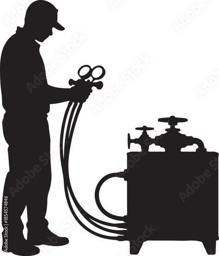 AC repairman connecting manifold gauges to outdoor air conditioner silhouette vector art, using solid flat black color