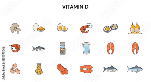 Educational infographic showing various food sources rich in vitamin d including fish, eggs, mushrooms, and dairy on a white background.