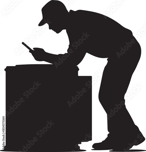 HVAC contractor using digital tablet for AC Unit diagnostics silhouette vector art, using solid flat black color