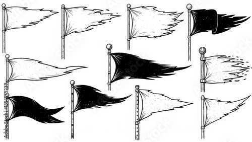 Hand Drawn Waving Flag Outline Set Vector