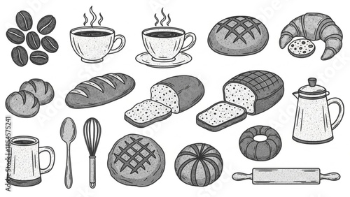 Hand Drawn Bakery Elements Bread and Coffee Vector