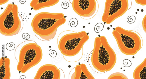 Seamless pattern with halved papaya fruits showing black seeds and orange flesh among decorative dots and spirals on a white background.