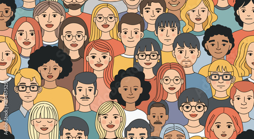 Large group of diverse people faces with different ethnicities, ages, and styles shown in a colorful seamless crowd pattern.
