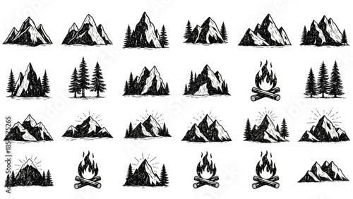 Outdoor Nature Mountain Tree Camping Icons Vector