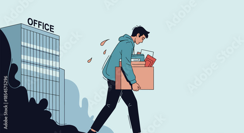 Sad employee carrying a box of personal belongings and leaving an office building after losing his job or resigning from work.