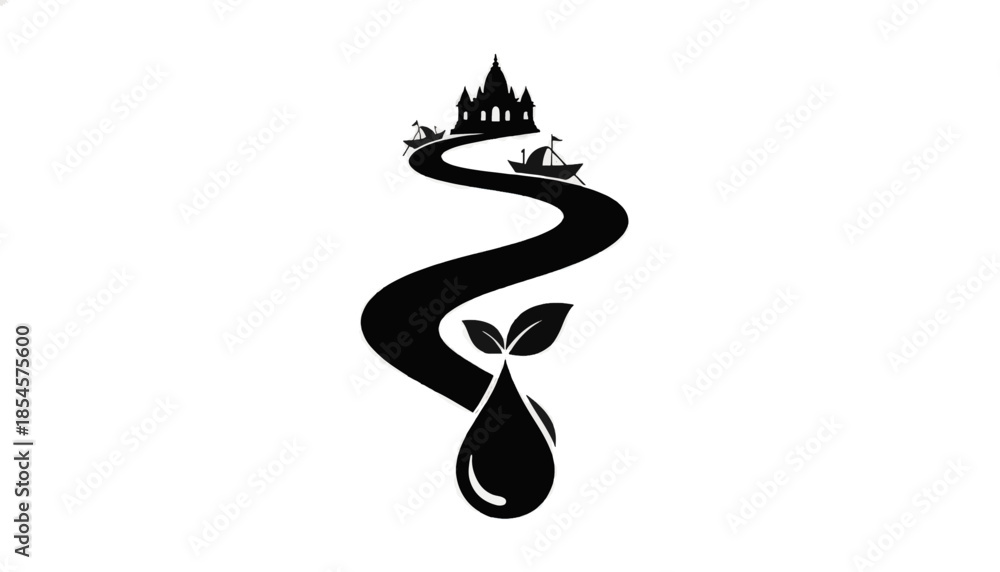 Naklejka premium Hindu temple and sacred river silhouette icon. Winding water stream with boats ending in a droplet with leaves. Environmental and spiritual vector illustration