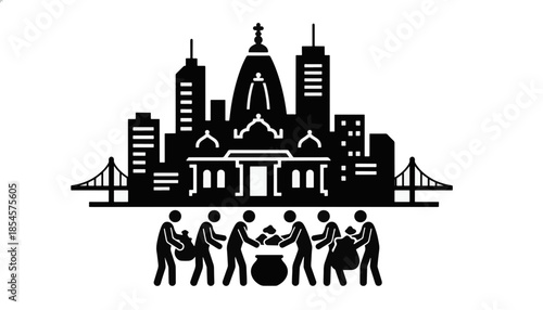 Hindu temple and modern city skyline silhouette. Community charity and food distribution concept. Vector illustration of people giving aid isolated on transparent background