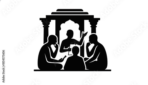 Ancient Hindu philosophical debate silhouette. Guru and disciples learning in Gurukul ashram. Vector illustration of traditional Indian education and wisdom concept