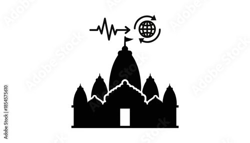 Hindu temple livestreaming icon. Online worship and digital religion concept. Black silhouette vector illustration