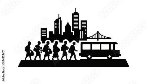 Black silhouette of pilgrims walking with luggage and bus transport. Urban city skyline with temple and bridge background. Vector illustration of travel and migration concept