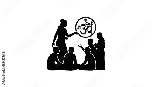 Black silhouette of Hinduism storytelling and education. Teacher instructing students with Om symbol. Vector illustration