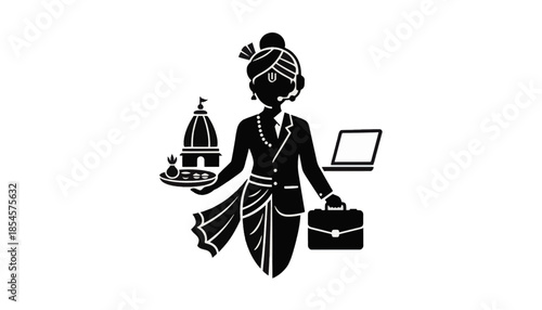 A silhouette vector illustration of an Indian professional balancing tradition and a modern career. Graphic icon representing the fusion of Hindu culture and corporate life.