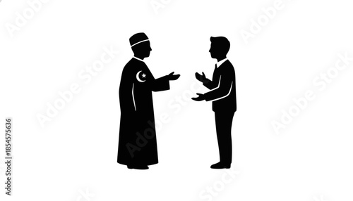 Silhouette icon of an Islamic man and a businessman in conversation. Interfaith dialogue and cultural communication concept. Minimalist flat vector graphic
