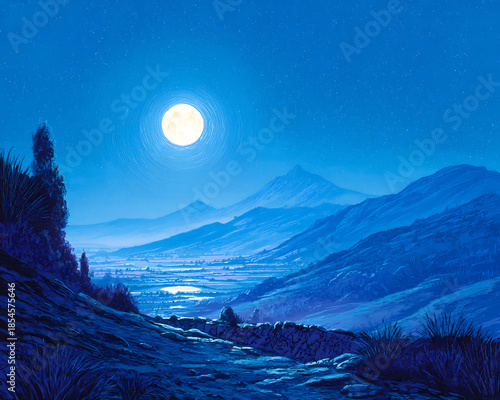 Night Mountain Scene Illuminated by a Bright Full Moon
