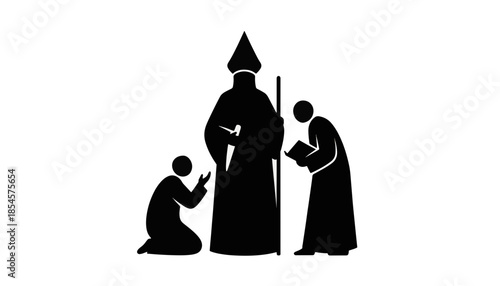 A religious silhouette icon of a clergyman and followers. A bishop or imam giving guidance to believers. Minimalist vector graphic representing faith and prayer