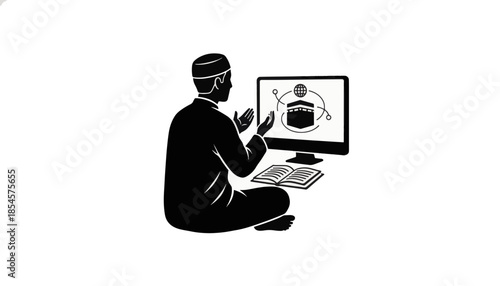 Vector silhouette of a Muslim man learning about Hajj online. Islamic prayer and technology concept with a Kaaba icon. Minimalist flat graphic illustration.