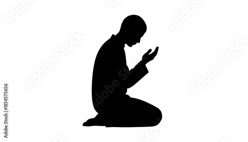 Islamic prayer silhouette vector icon. A Muslim man in a traditional Dua supplication pose. Simple spiritual graphic for Ramadan